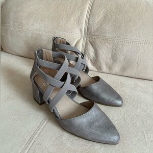 Eileen Fisher Silver Leather Suede Classy Strappy Block Heel Pump